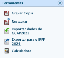 Tela de exportação para IRPF do ano subsequente